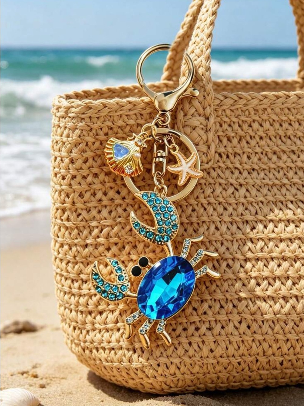 Gold-Tone Blue Gem Crab Keychain Charm